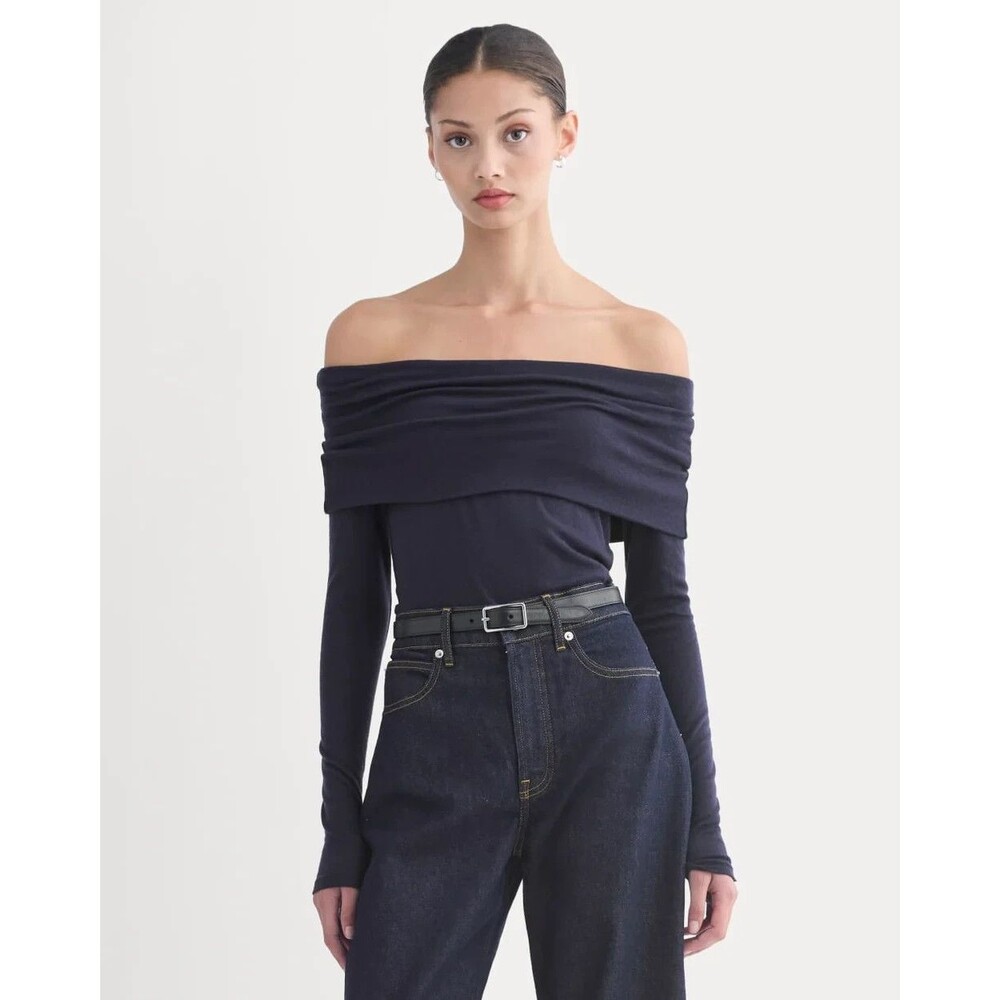 EVERLANE Off-The Shoulder Top Butterluxe S Deep Navy Stretch Long Sleeve NWT B11